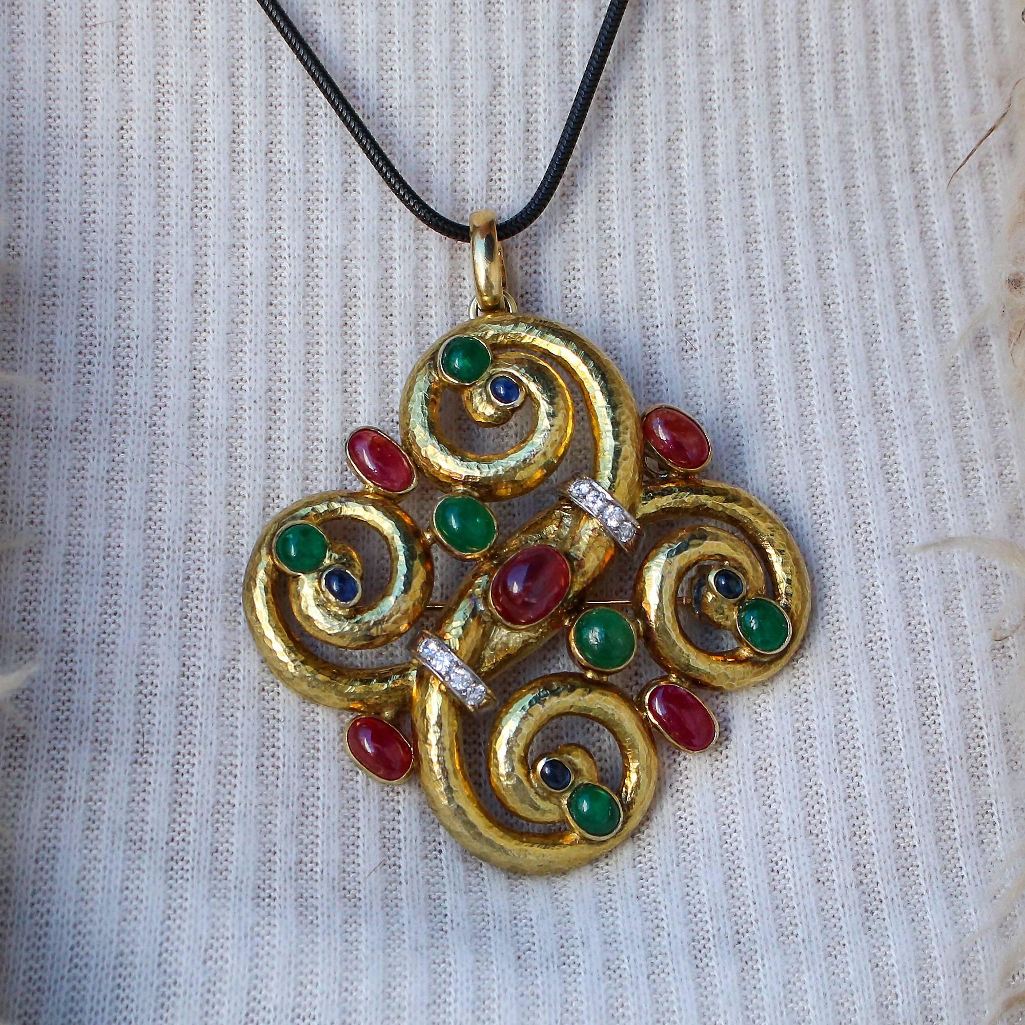 Modernist 14k Yellow Gold Emerald, Ruby, Sapphire and Diamond Pendant/Brooch 3