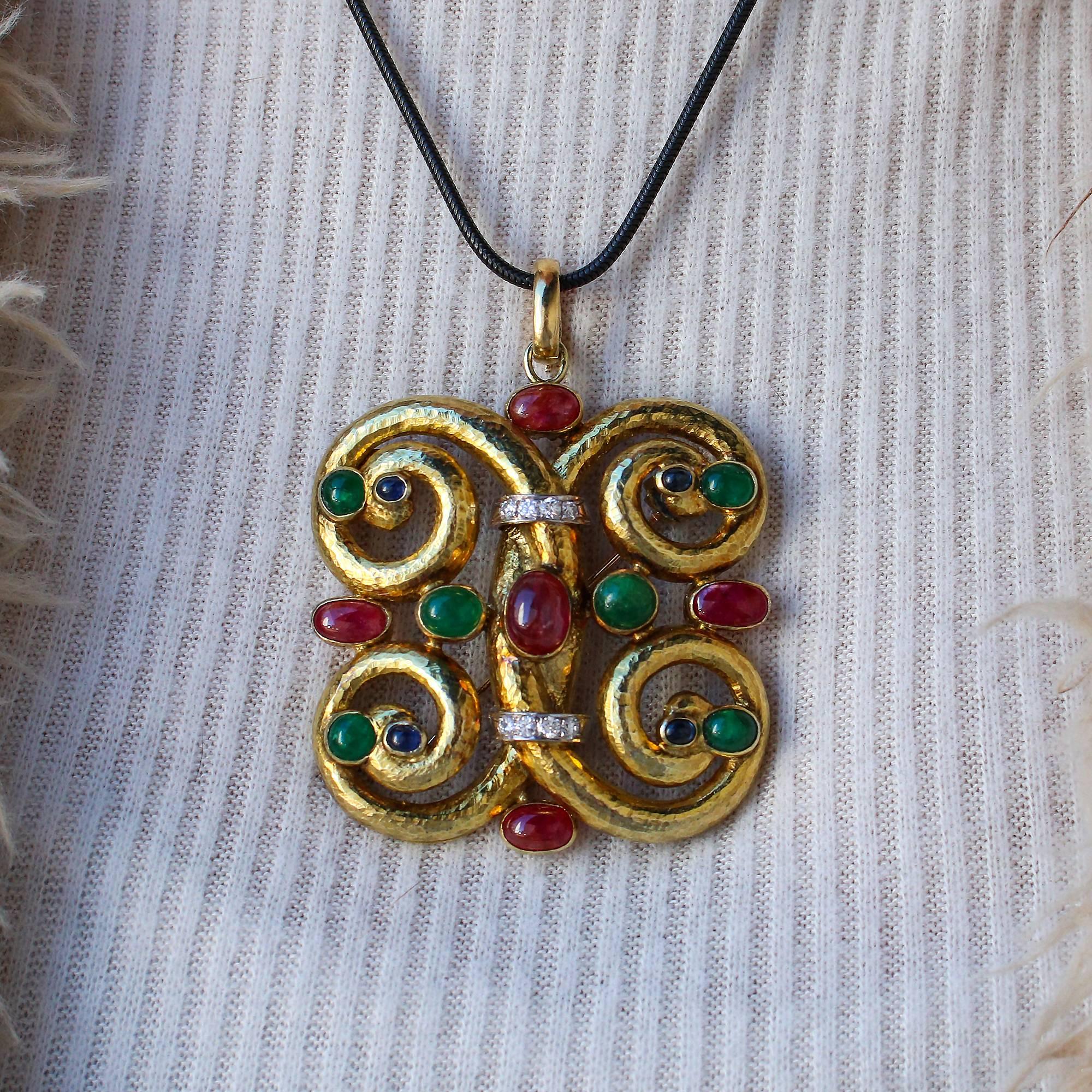 Modernist 14k Yellow Gold Emerald, Ruby, Sapphire and Diamond Pendant/Brooch 4