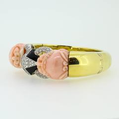 60s-70s Modernist 18k Carved Coral, Onyx and Diamond Foo Dog Bracelet
