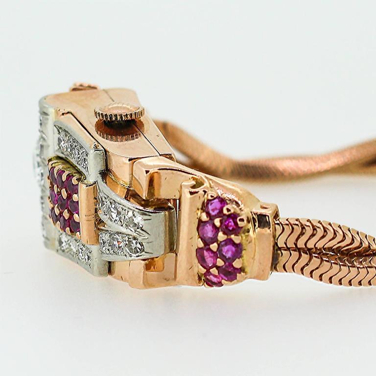 1940s Retro 14K Rose Gold Ruby and Diamond Flip Top Wrist Watch at