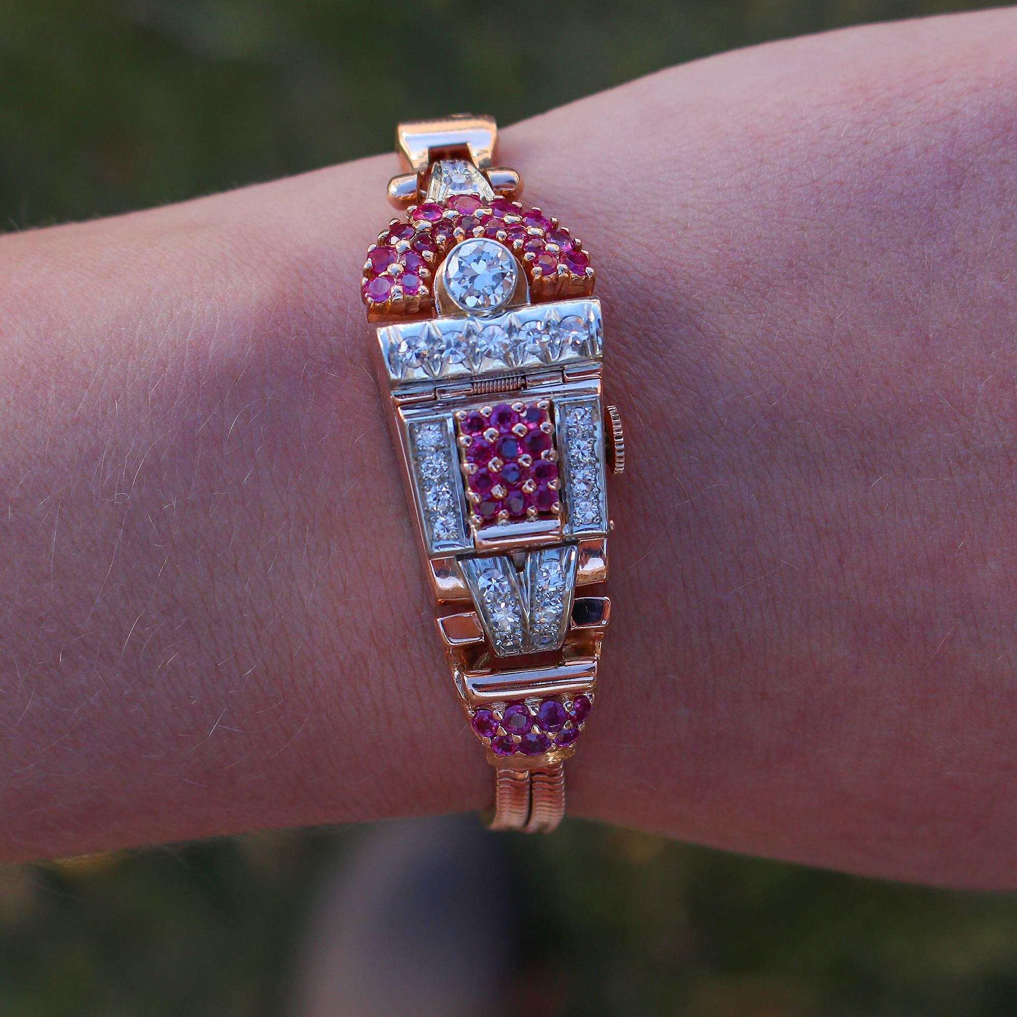 1940s Retro 14K Rose Gold Ruby and Diamond Flip Top Wrist Watch In Excellent Condition In Birmingham, AL