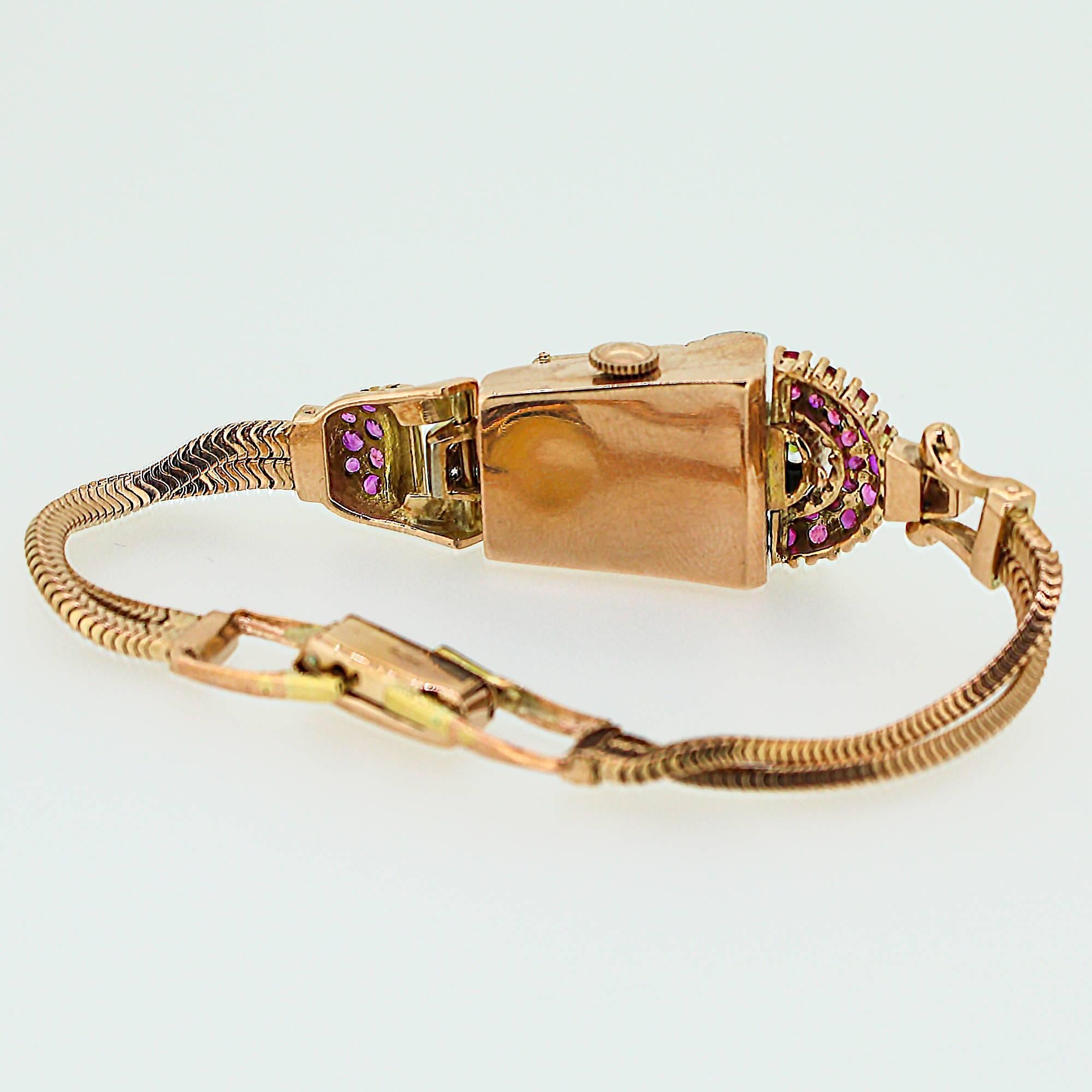 1940s Retro 14K Rose Gold Ruby and Diamond Flip Top Wrist Watch 1