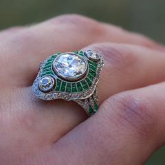 European Cut Emerald Diamond Platinum Dinner Ring