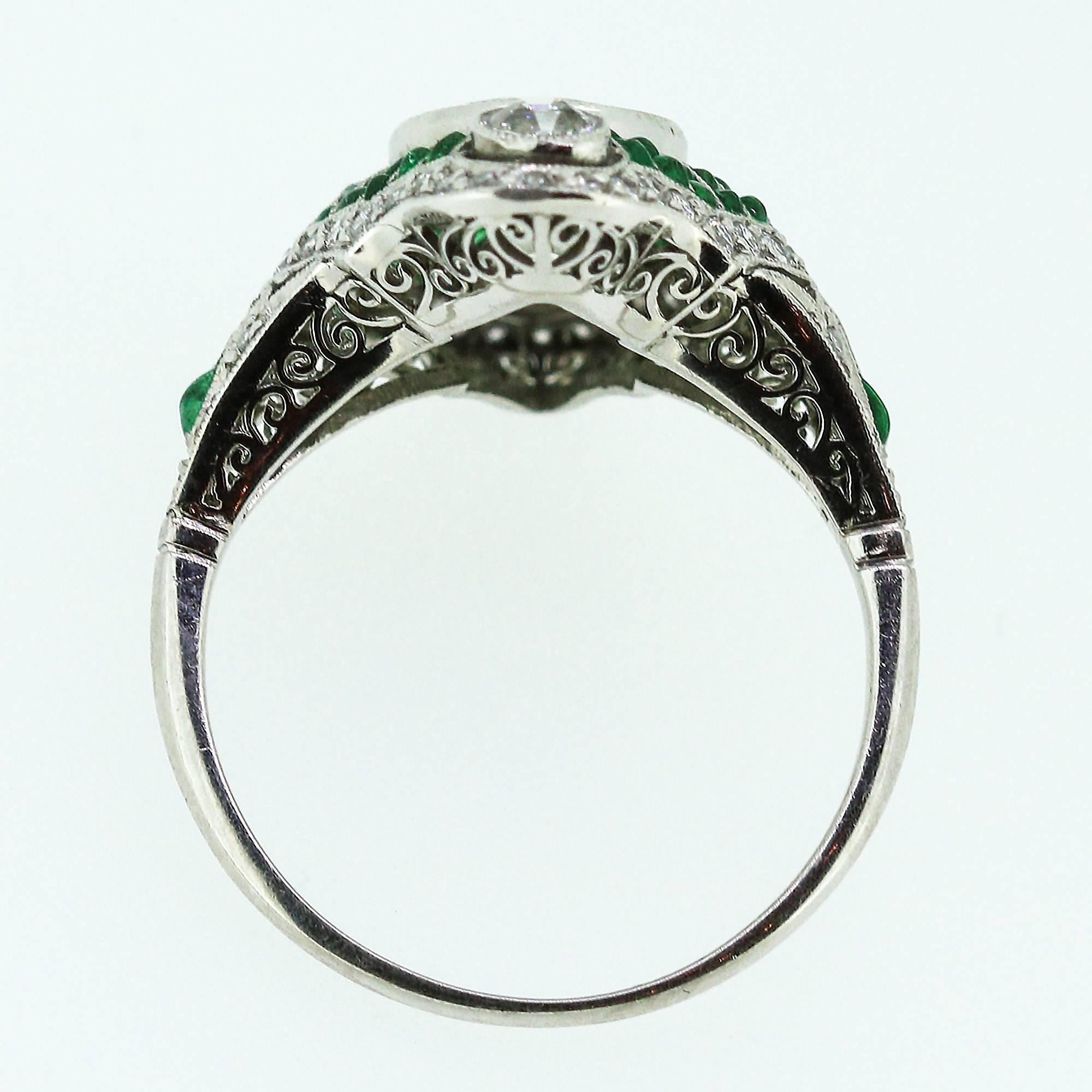 Art Deco  European Cut Emerald Diamond Platinum Dinner Ring