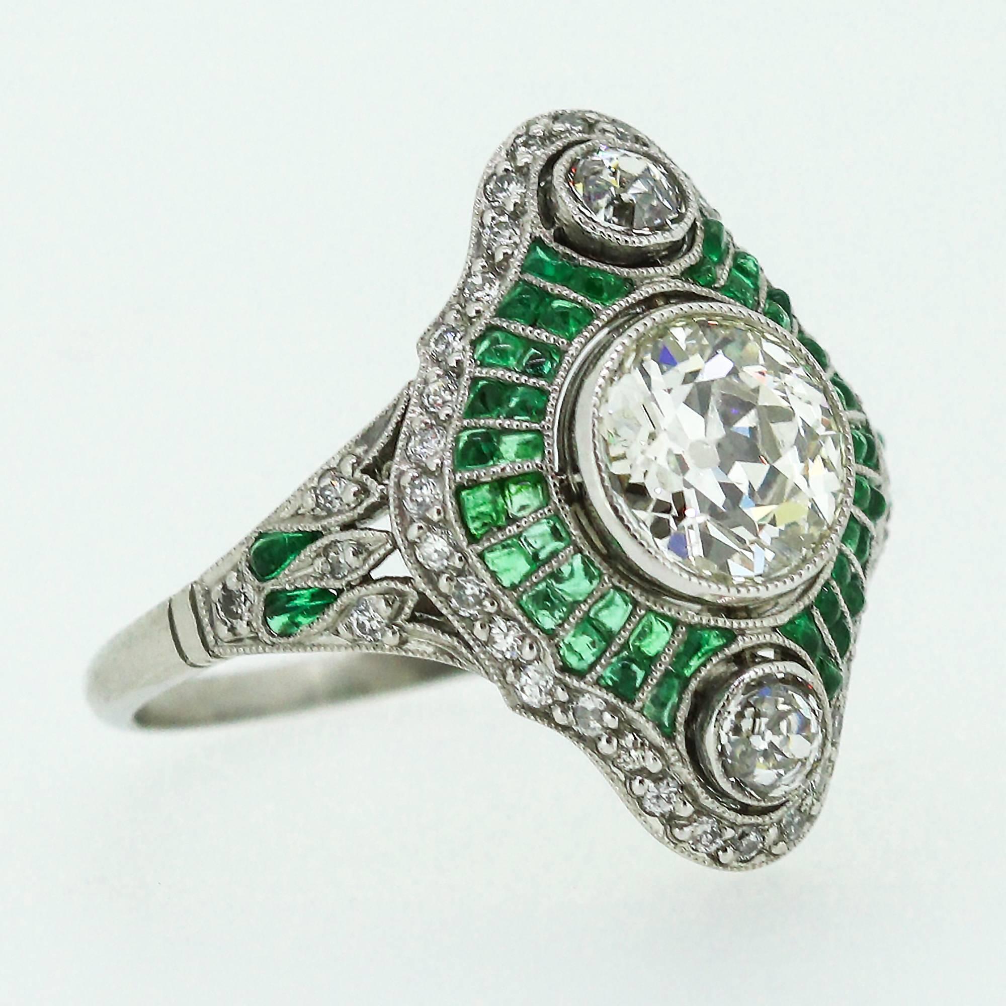 Women's  European Cut Emerald Diamond Platinum Dinner Ring
