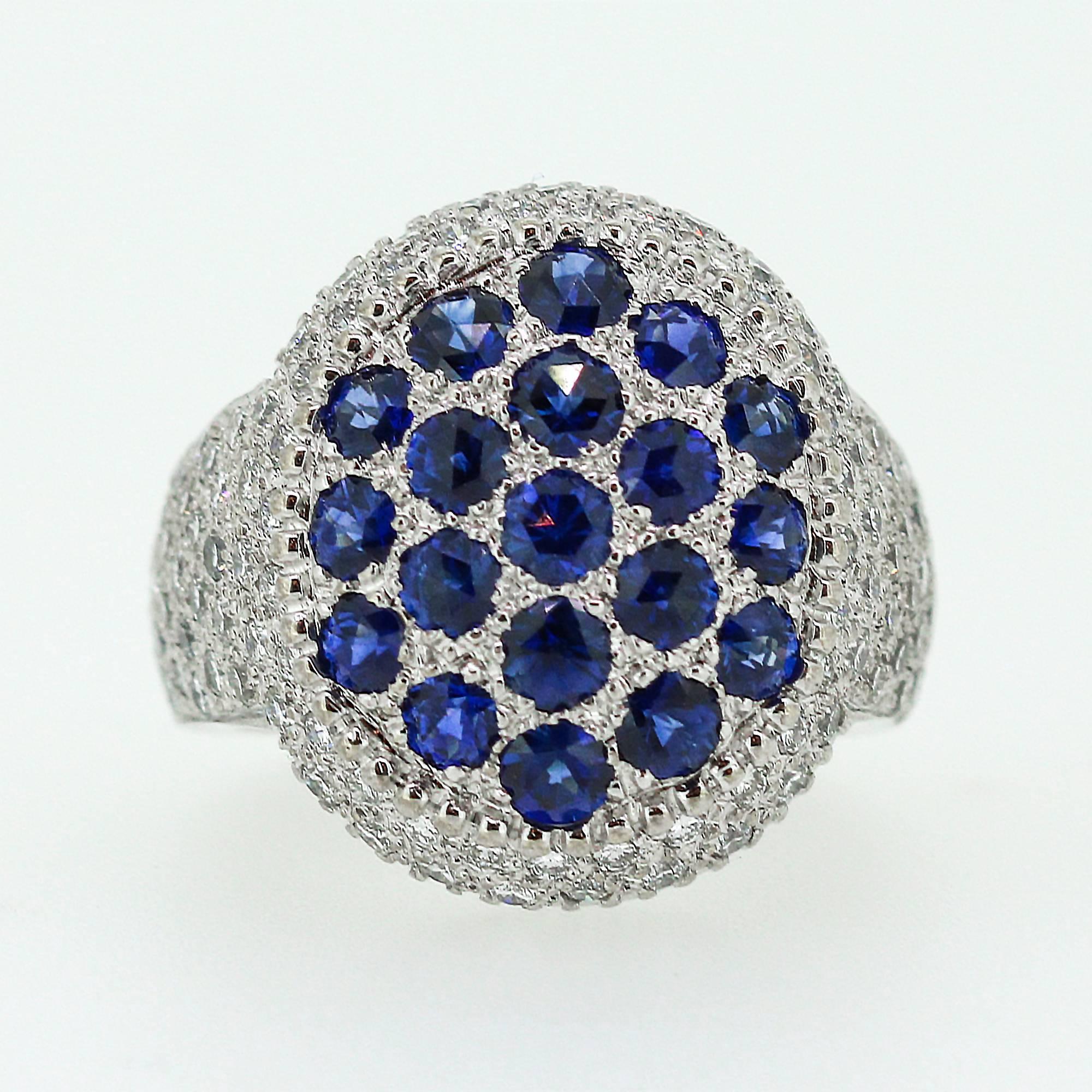 Mouawad Blue Sapphire Diamond Gold Rosette Oval Ring In Excellent Condition In Birmingham, AL
