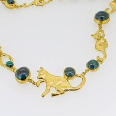 Peter Aylen Indicolite Tourmaline Gold Cat Motif Necklace