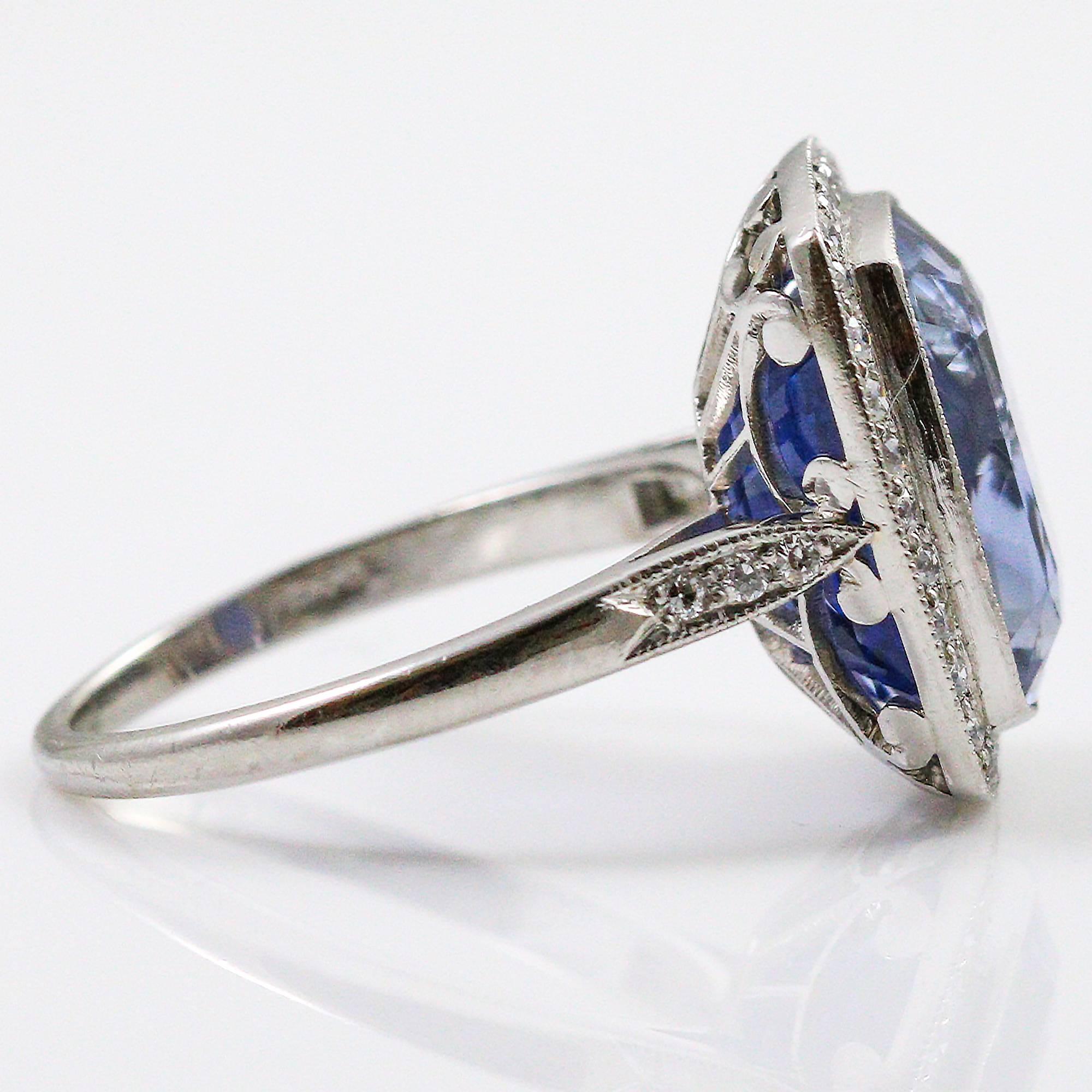 Round Cut 8.59 Carat Unheated Ceylon Sapphire Diamond Platinum Ring 