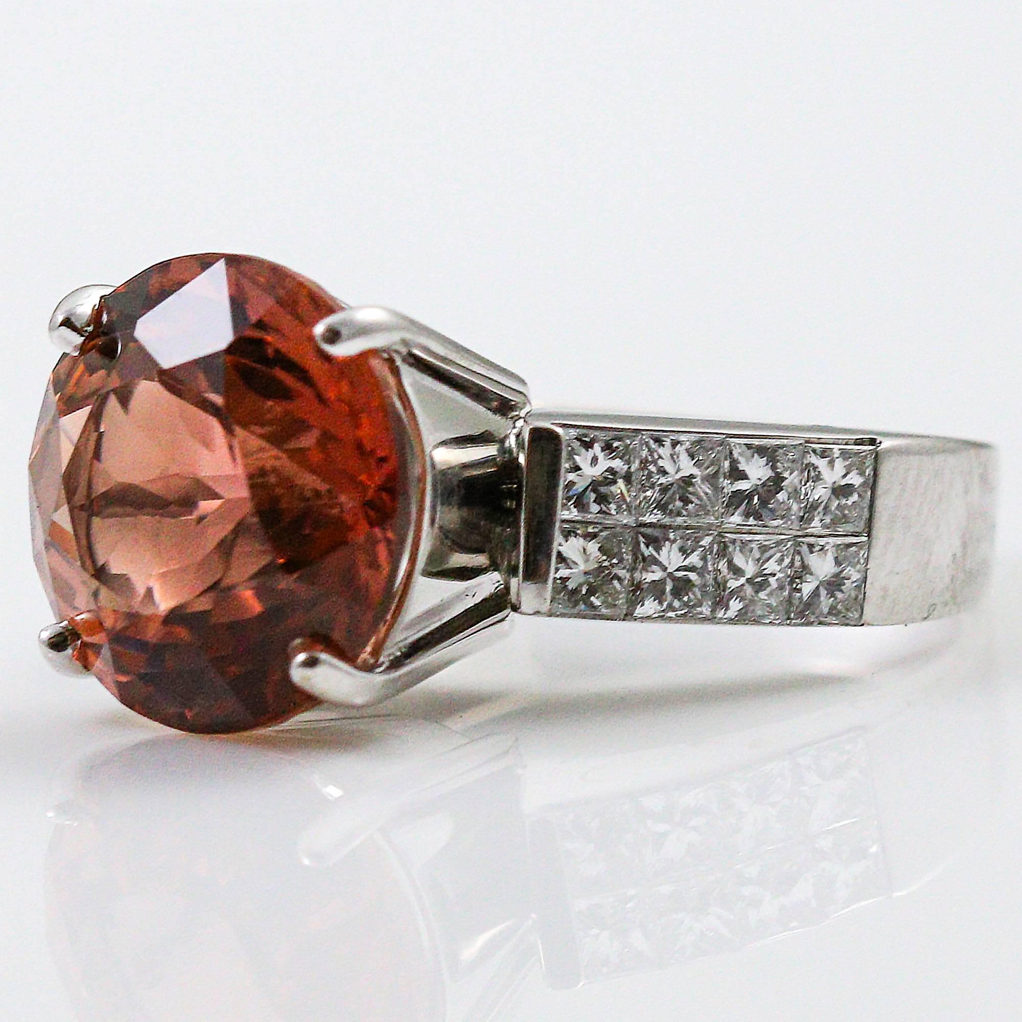 Women's 7.15 Carat Strong Pink Orange Tourmaline diamond gold Ring
