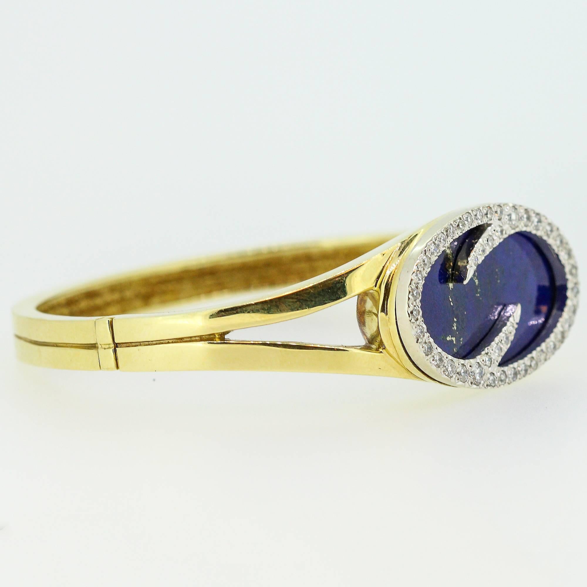 1970s Modernist Lapis Lazuli  Diamond Gold Bangle Bracelet 2