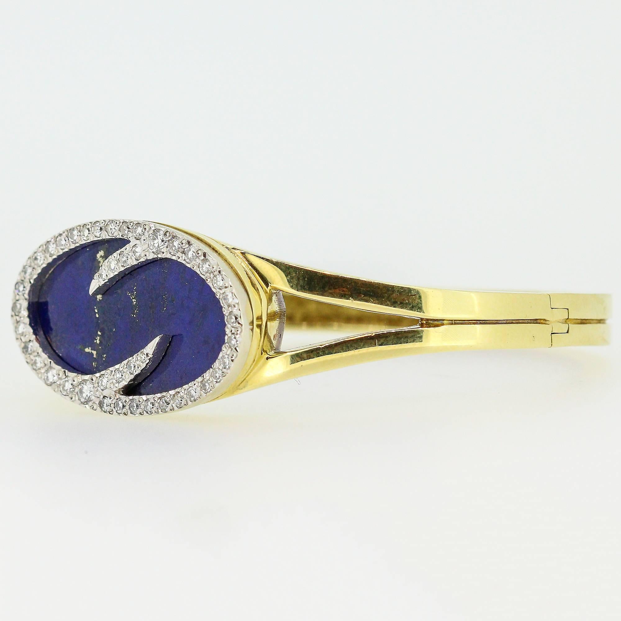 1970s Modernist Lapis Lazuli  Diamond Gold Bangle Bracelet 1
