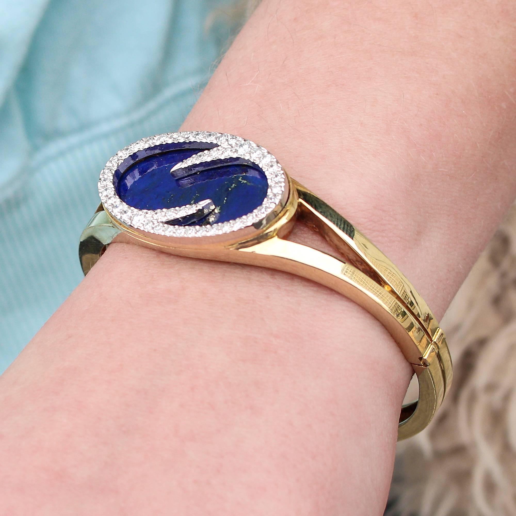 1970s Modernist Lapis Lazuli  Diamond Gold Bangle Bracelet 5