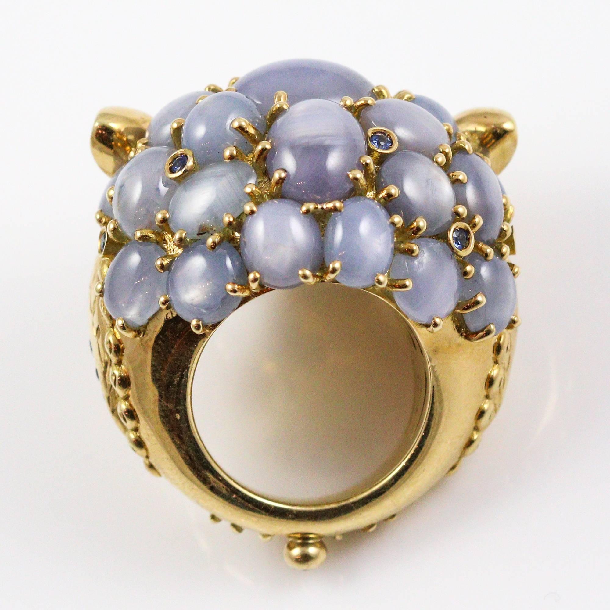 Temple St. Clair Grey Star Sapphire Emerald Diamond Athena Owl Ring In Excellent Condition In Birmingham, AL