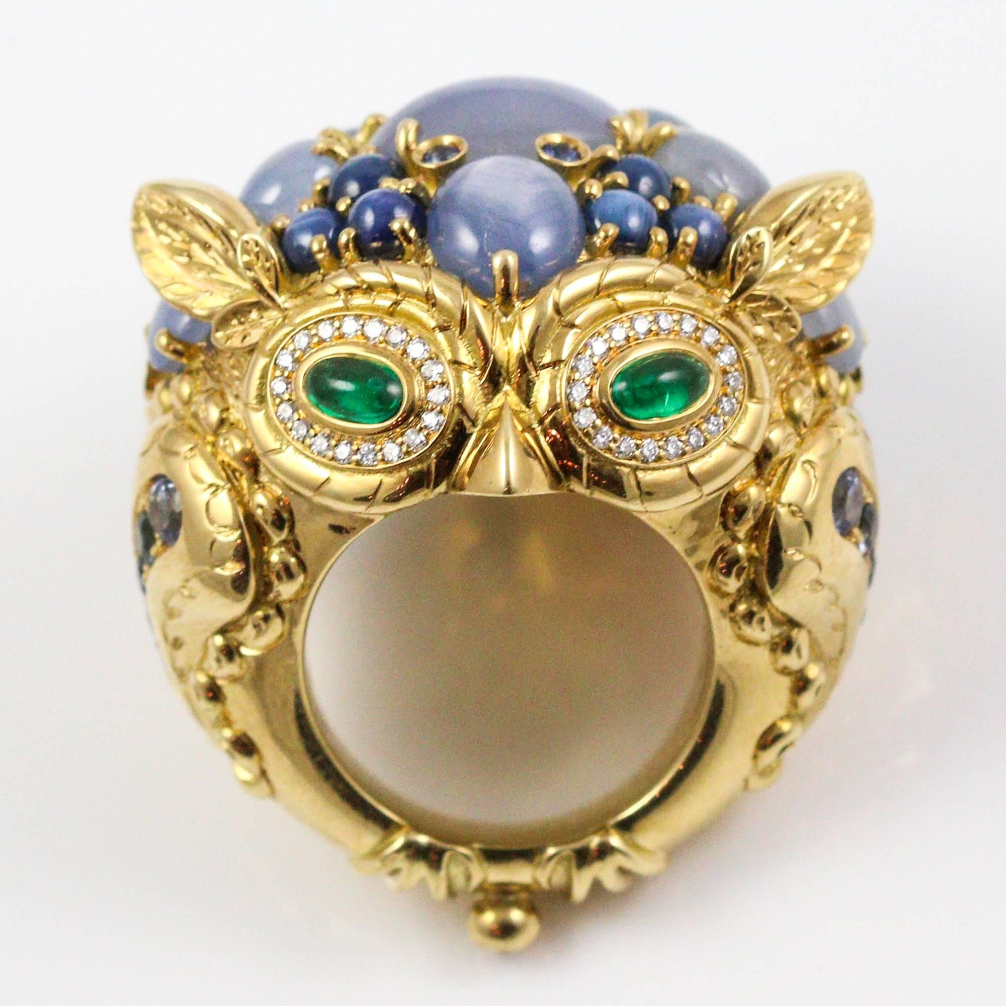 Women's Temple St. Clair Grey Star Sapphire Emerald Diamond Athena Owl Ring 