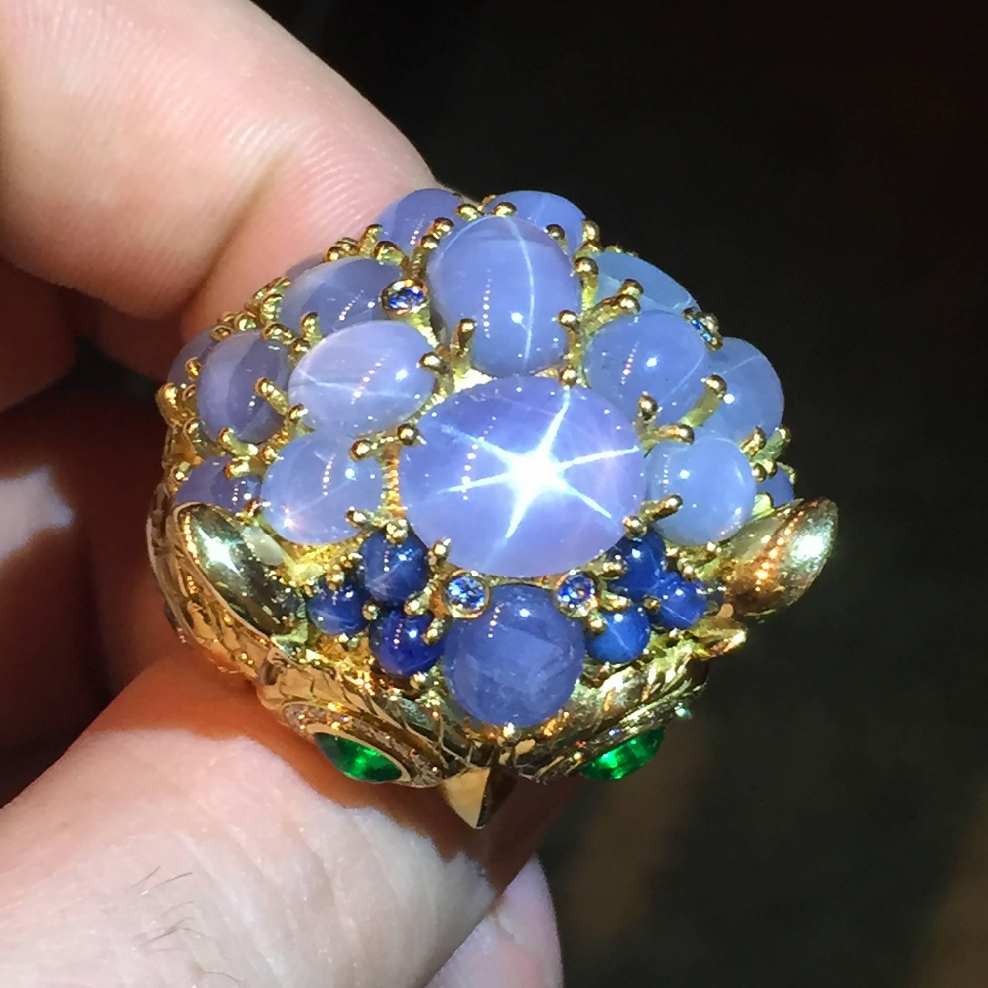 Temple St. Clair Grey Star Sapphire Emerald Diamond Athena Owl Ring 1