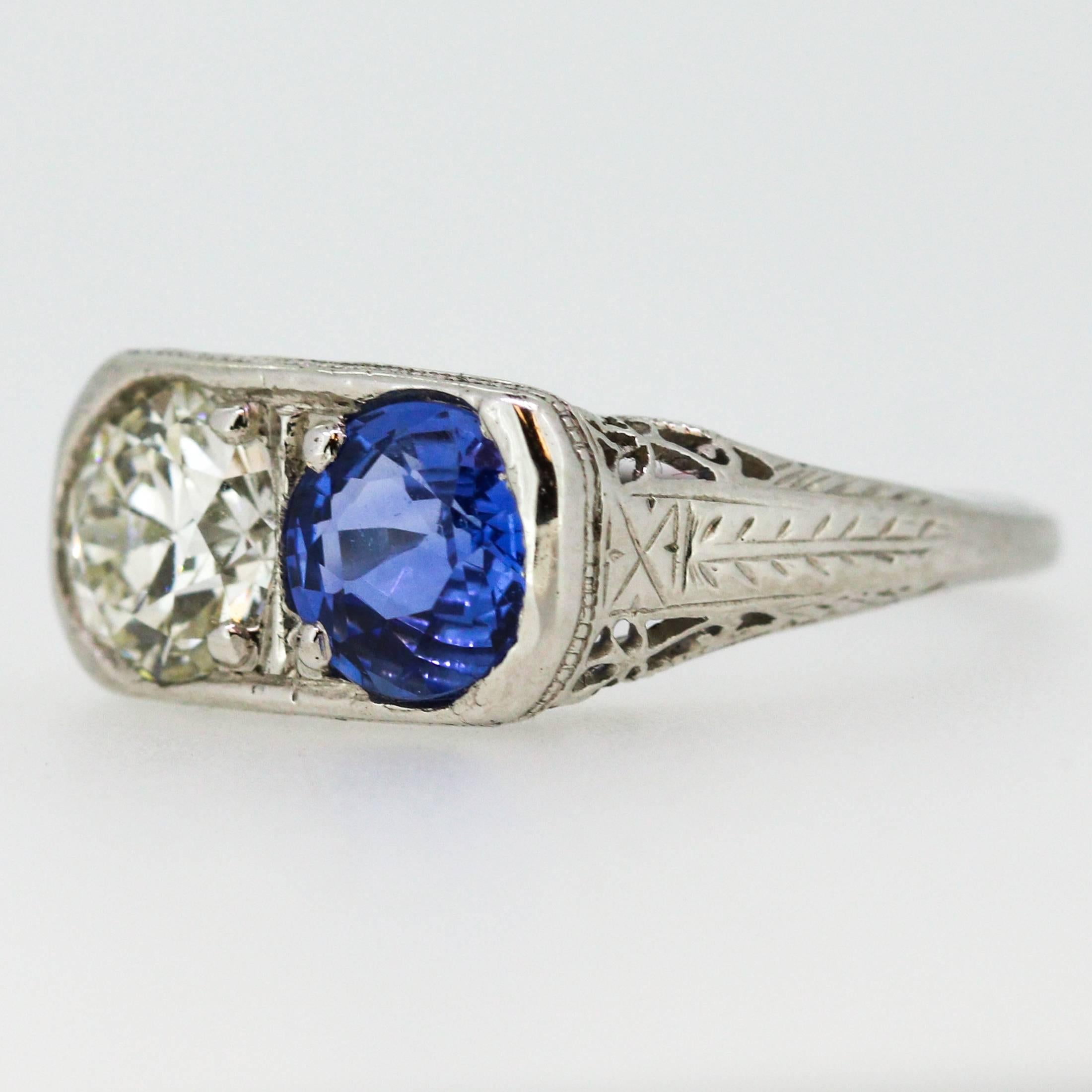 Old European Cut Art Deco Blue Sapphire Diamond Platinum Ring