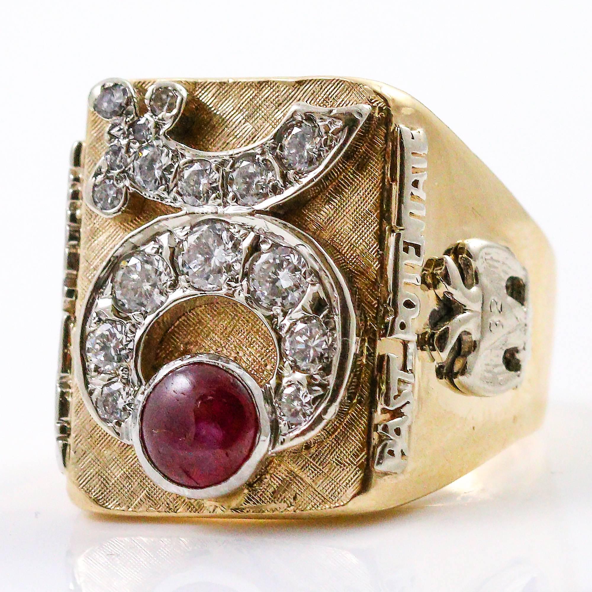 Modern Diamond Ruby Gold and Masonic Shriner's Past Potentate Ring