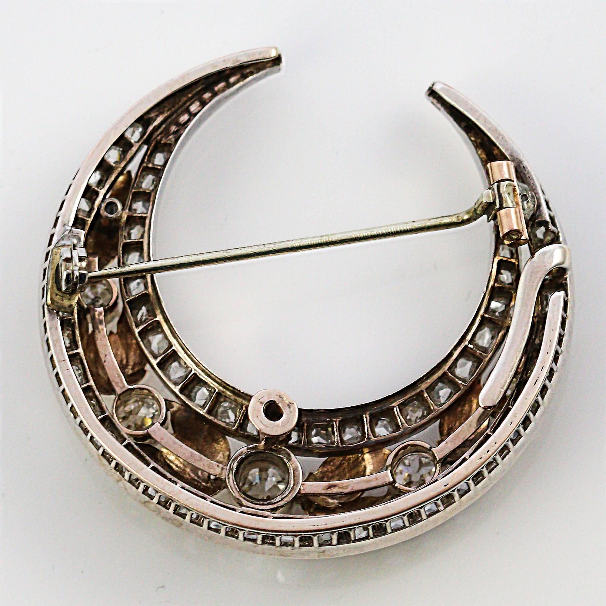 Women's or Men's Late Victorian 18K White & yellow Gold & Diamond Crescent Shaped Brooch Pendant 