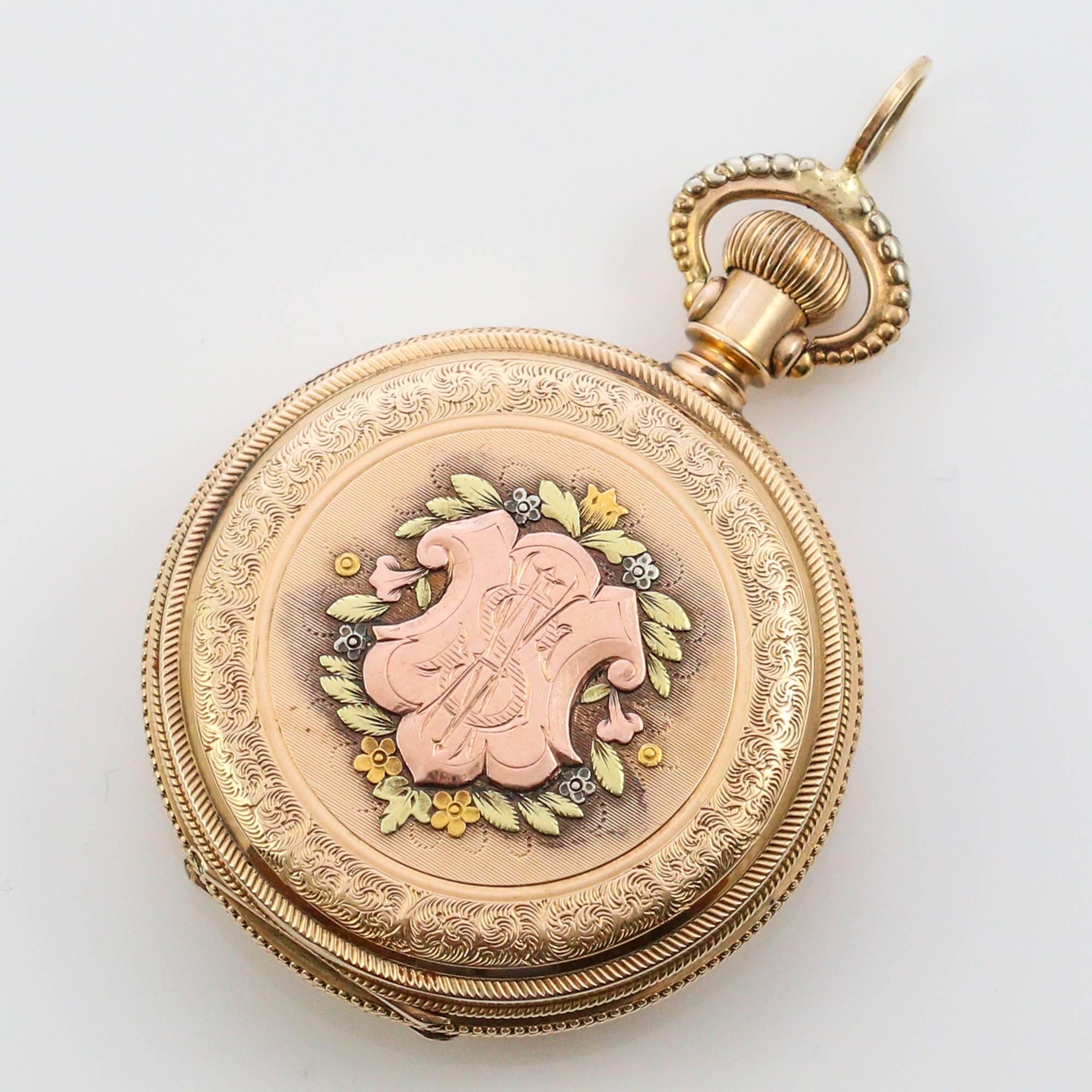 1886 14 Karat Gold Diamond Ladies Pocket Watch Pendant In Excellent Condition In Birmingham, AL