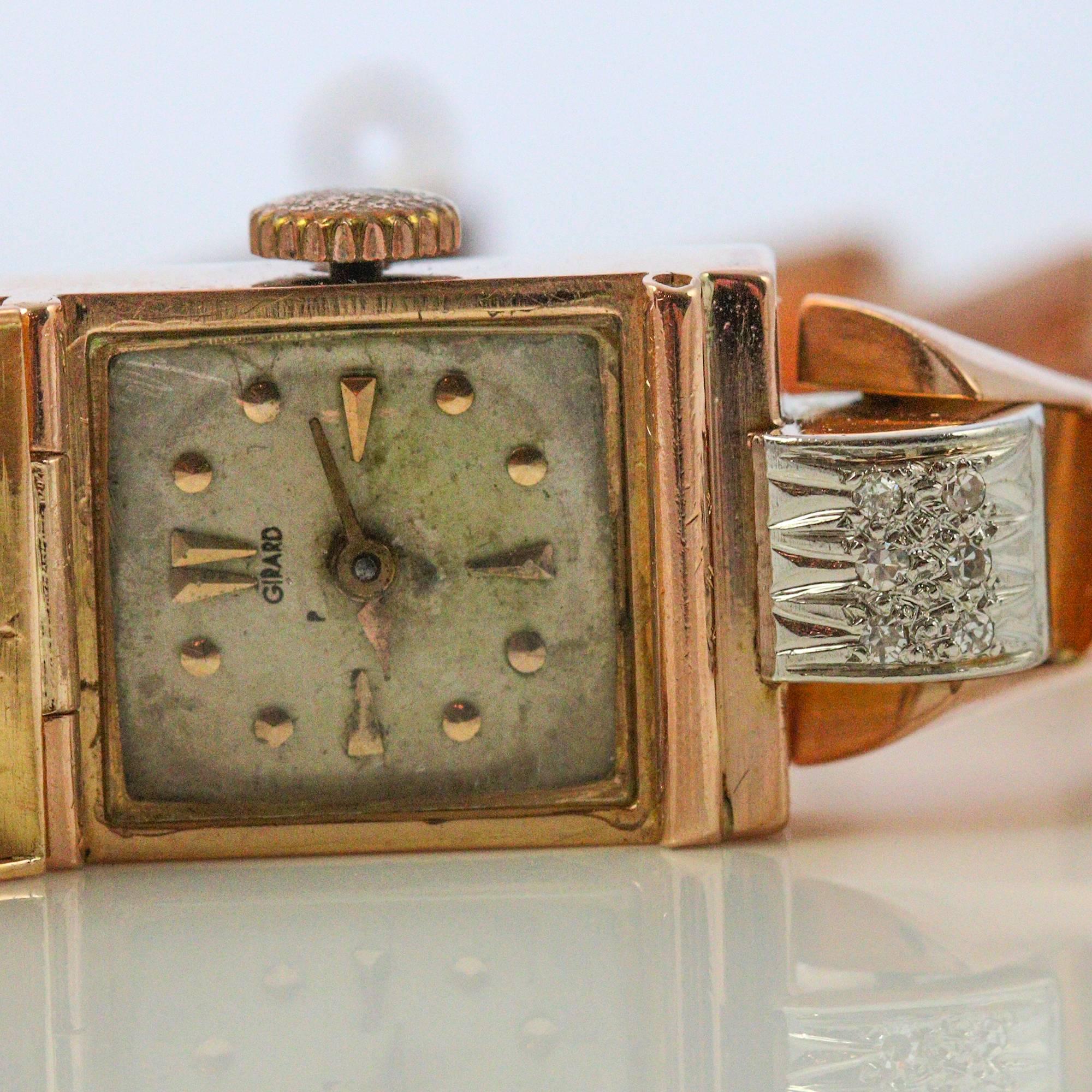 Women's Girard Ladies Rose Gold Diamond Wristwatch with Flip Cover, 1940s