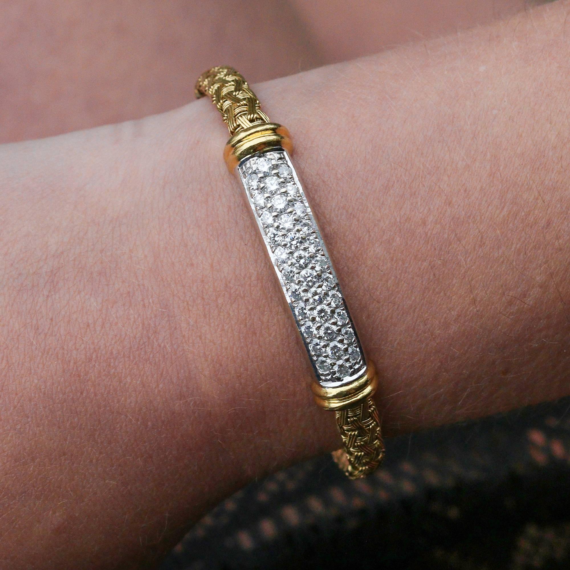 Modern Roberto Coin Yellow Gold Woven Silk and Pave Diamond Bracelet