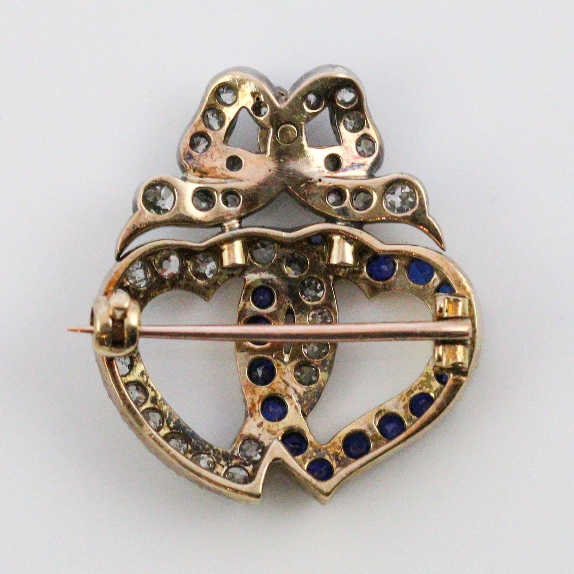 Mid-Victorian Diamond and Sapphire Interlocking Heart Brooch In Excellent Condition In Birmingham, AL