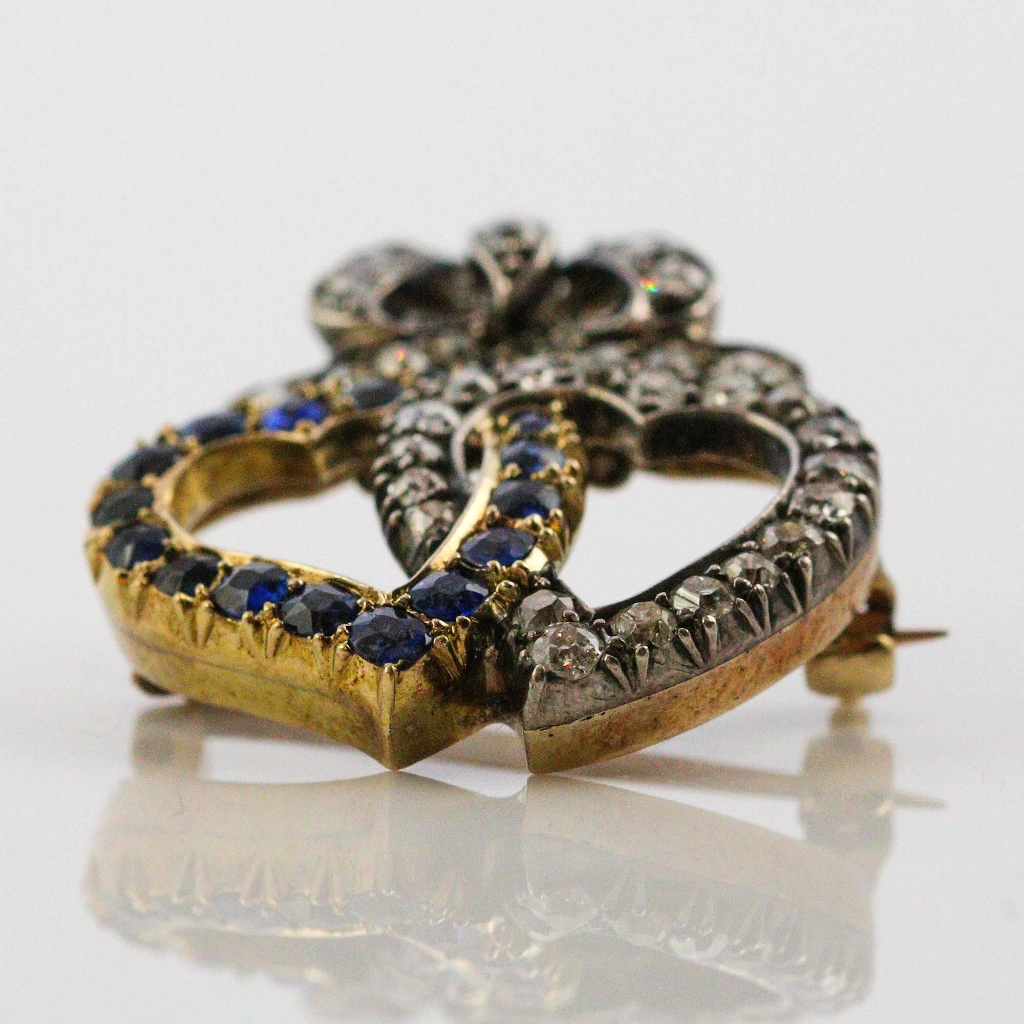 Women's or Men's Mid-Victorian Diamond and Sapphire Interlocking Heart Brooch