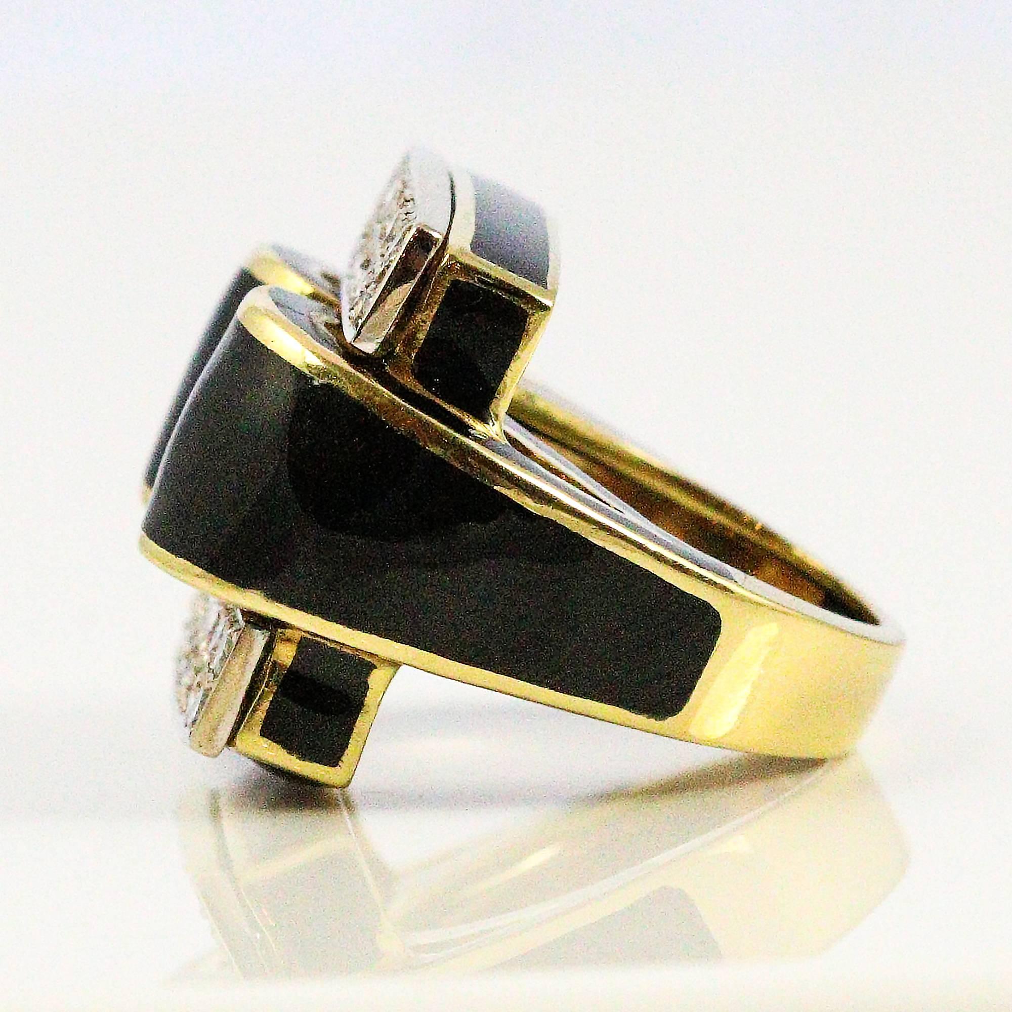 Women's Modernist Black Enamel Diamonds White and Yellow Gold Ring   