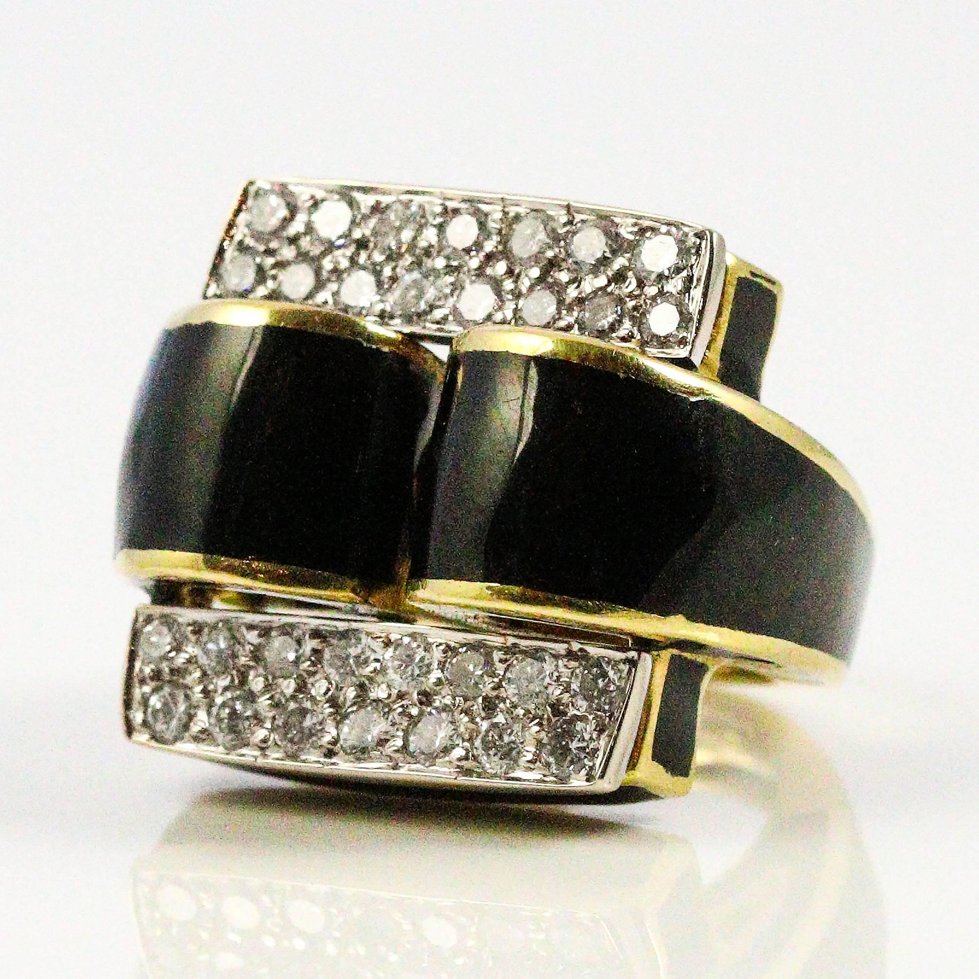 Modernist Black Enamel Diamonds White and Yellow Gold Ring    1