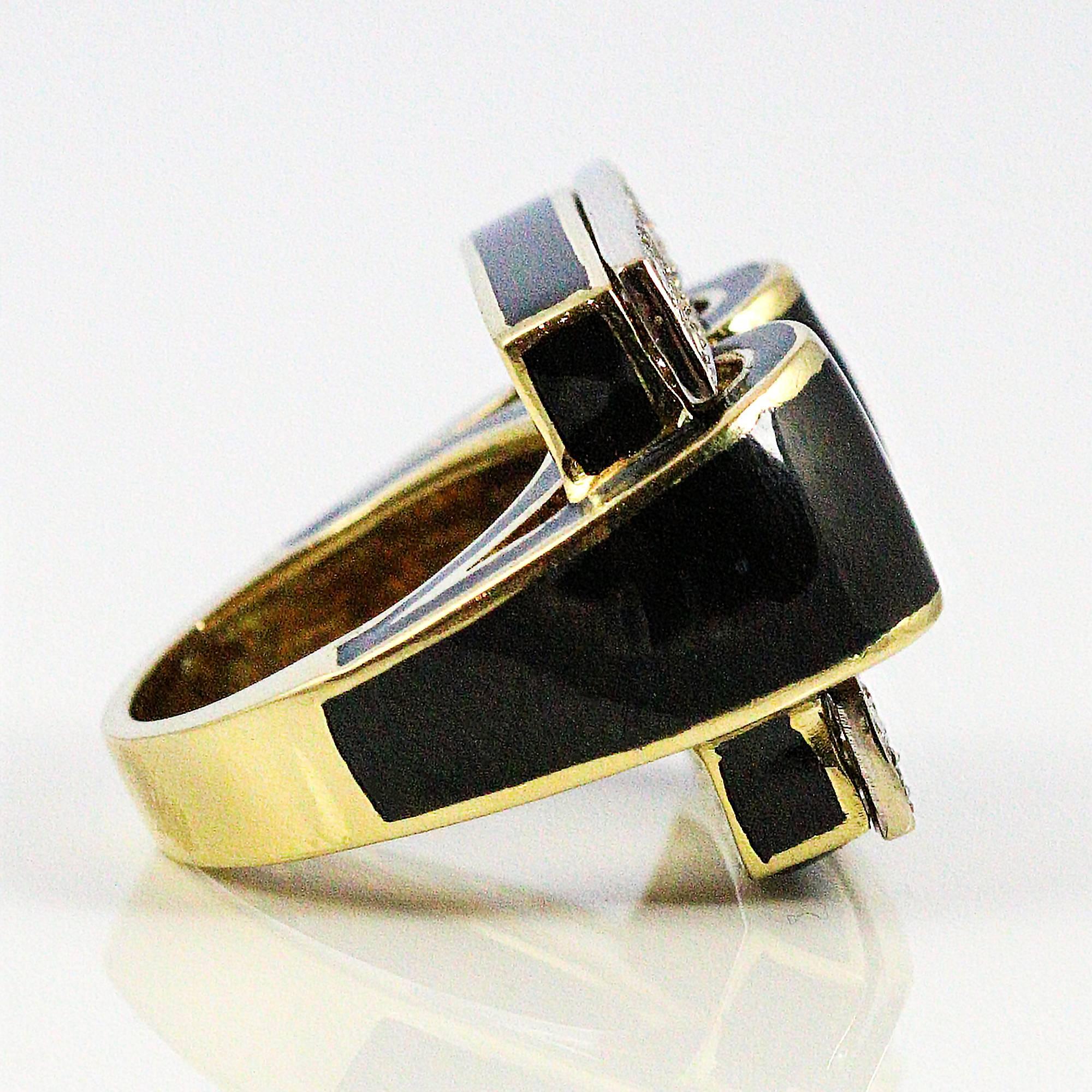 Modernist Black Enamel Diamonds White and Yellow Gold Ring    2