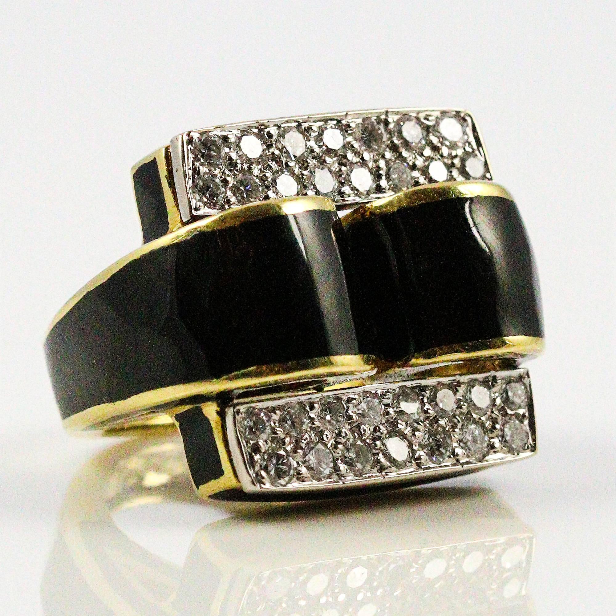 Modernist Black Enamel Diamonds White and Yellow Gold Ring    4