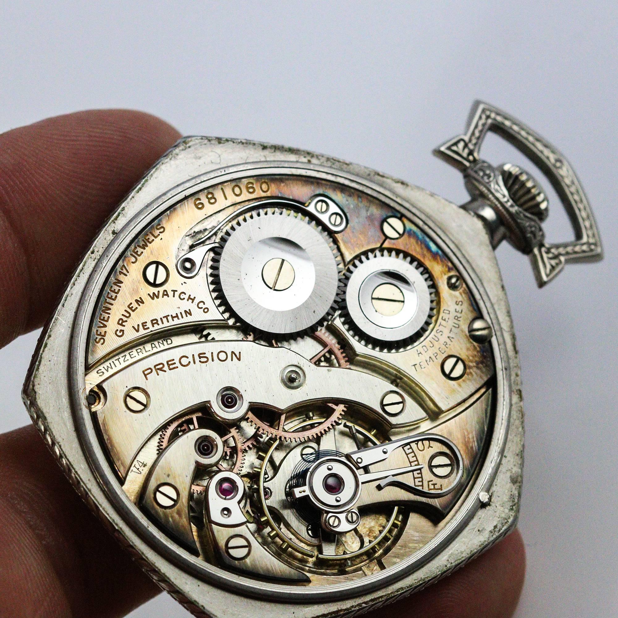 1934 White Gold Filled Gruen Pentagon Verithin Pocket Watch In Excellent Condition In Birmingham, AL