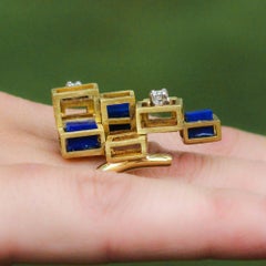 1960s Modernist  Lapis Lazuli Diamond Gold Ring