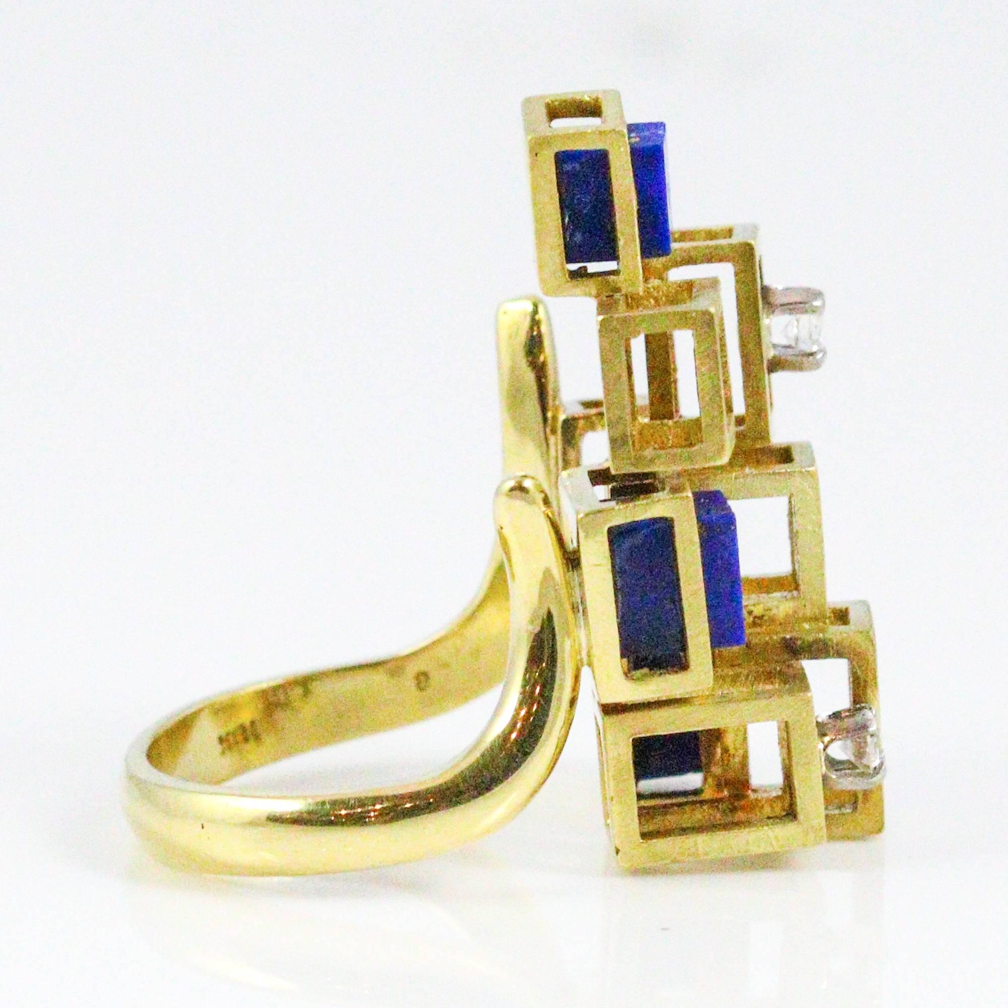 Women's 1960s Modernist  Lapis Lazuli Diamond Gold Ring