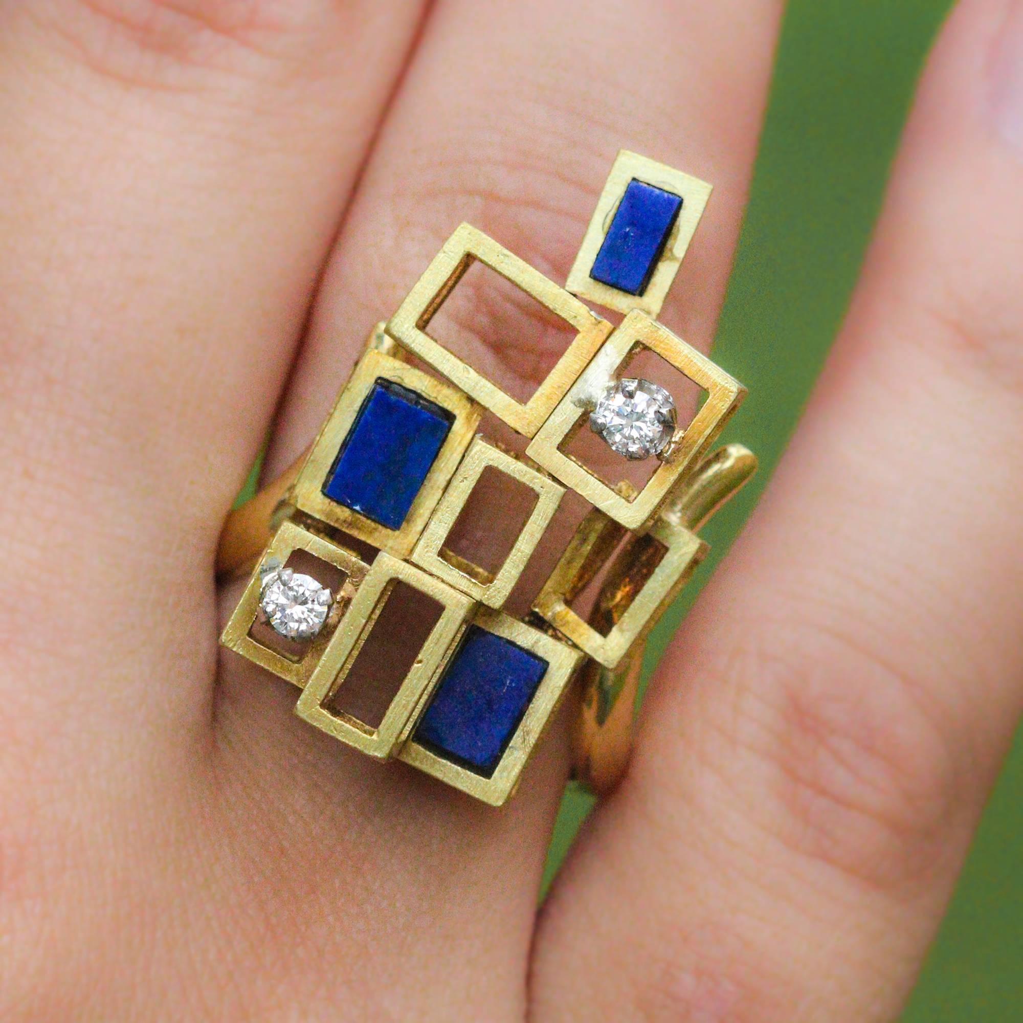 1960s Modernist  Lapis Lazuli Diamond Gold Ring 1