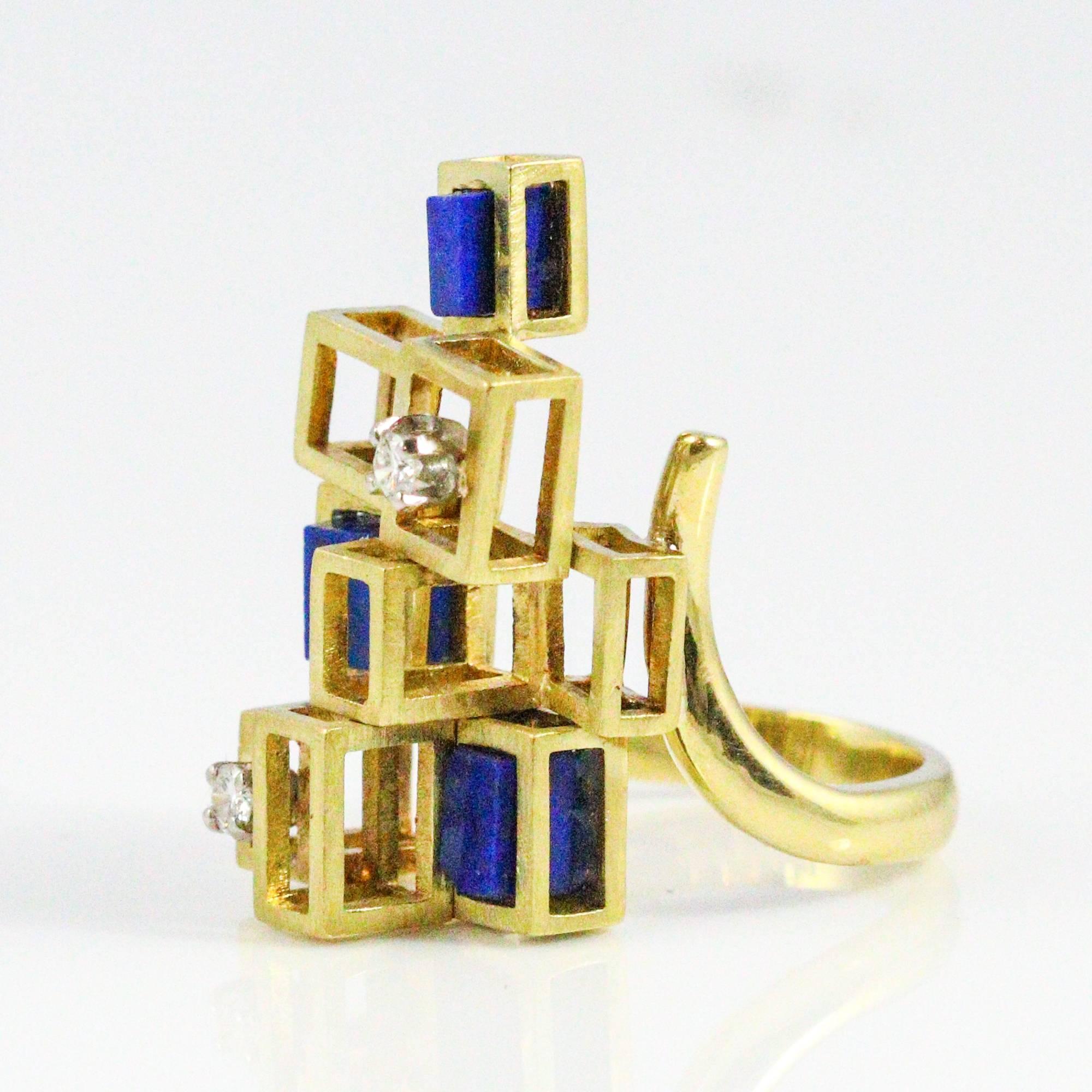1960s Modernist  Lapis Lazuli Diamond Gold Ring 3