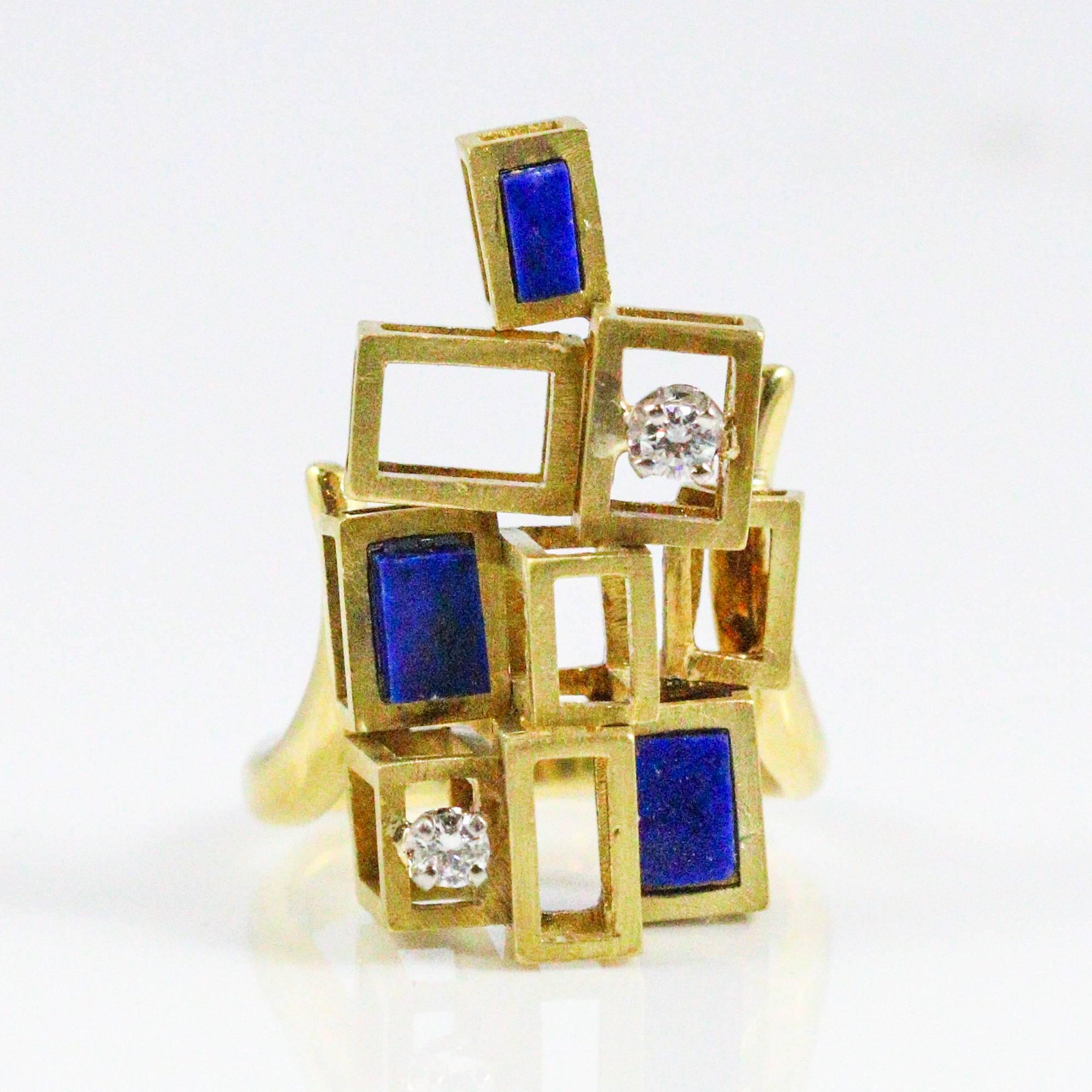 1960s Modernist  Lapis Lazuli Diamond Gold Ring 4