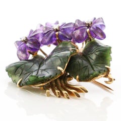 Modernist Carved Amethyst, Jade and Diamond Brooch in 14 Karat Yellow Gold