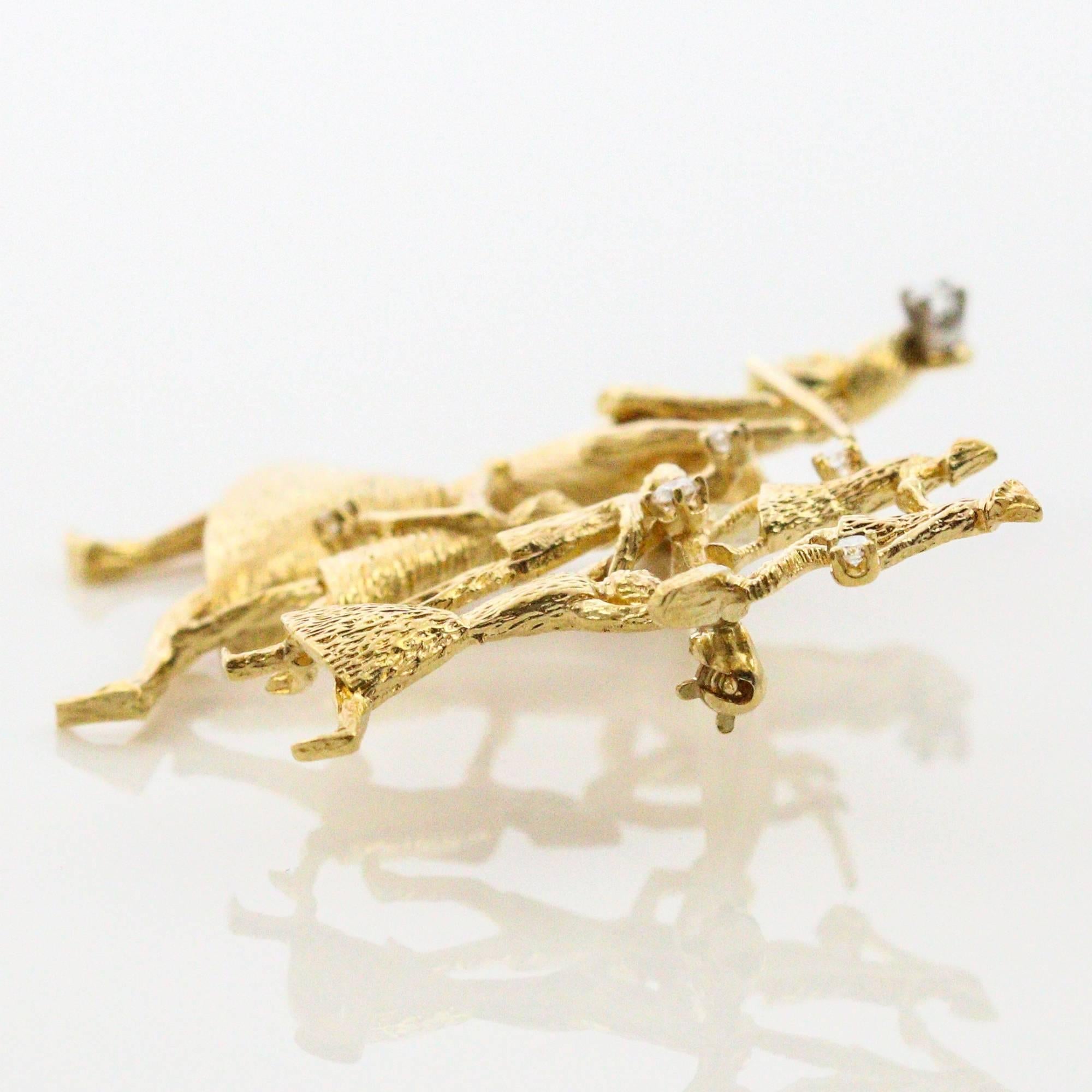 1970s Peter Lindeman 18 Karat Yellow Gold and Diamond Pied Piper Brooch 3