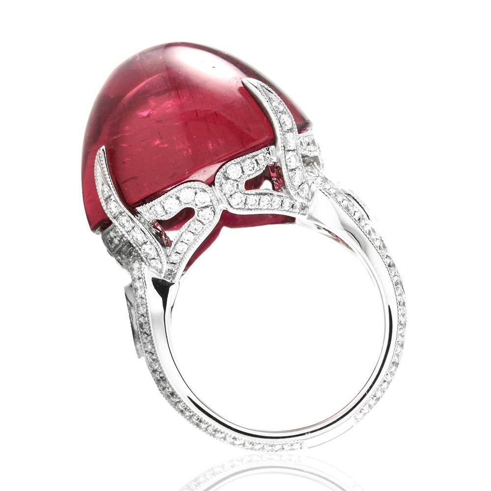 Cabochon Pink Tourmaline Pavé Diamonds Gold Ring For Sale 1