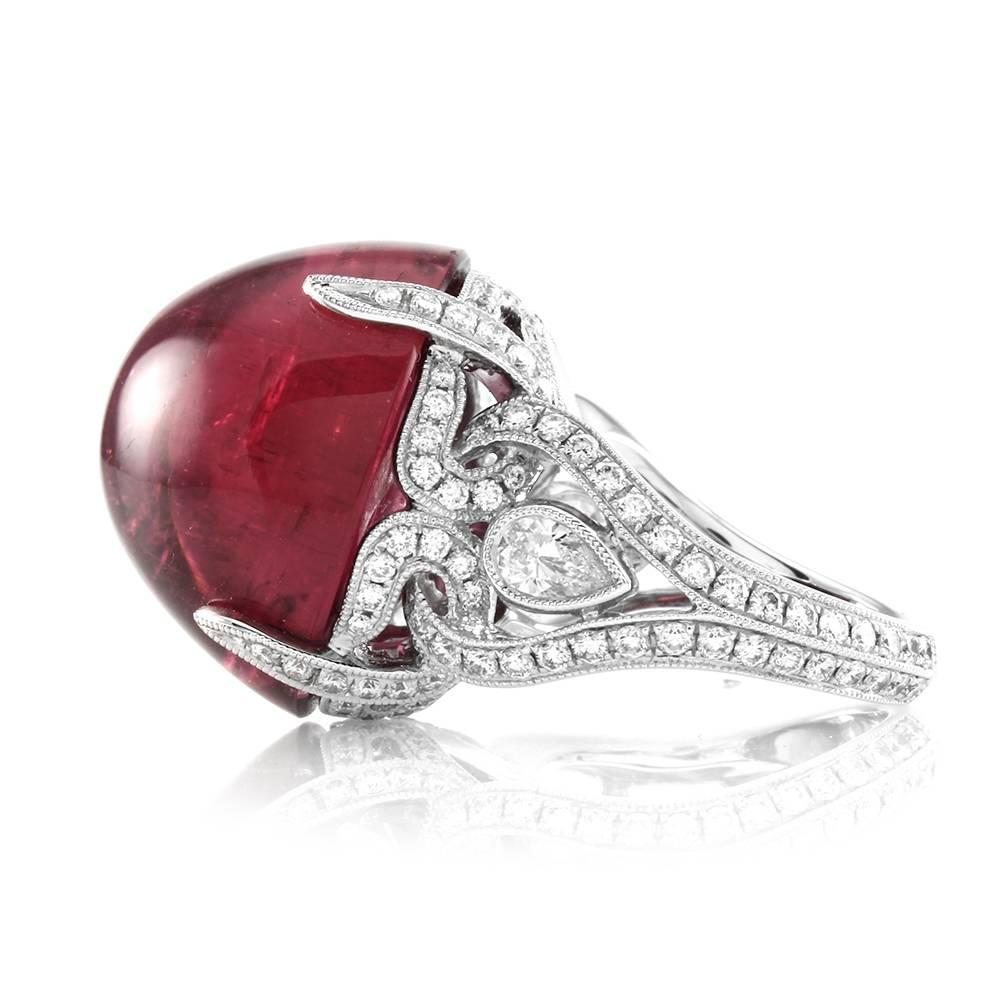 Women's Cabochon Pink Tourmaline Pavé Diamonds Gold Ring For Sale