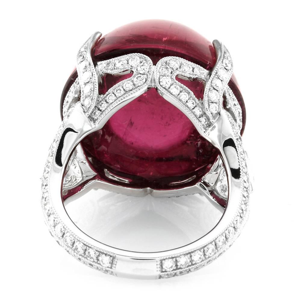 Cabochon Pink Tourmaline Pavé Diamonds Gold Ring For Sale 2