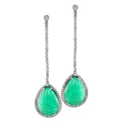 Carved Emerald & Diamond Drop Dangle Earrings in 18K White Gold