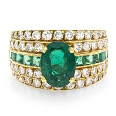 Emerald Statement Ring with Pavé Diamonds in 18K Yellow Gold