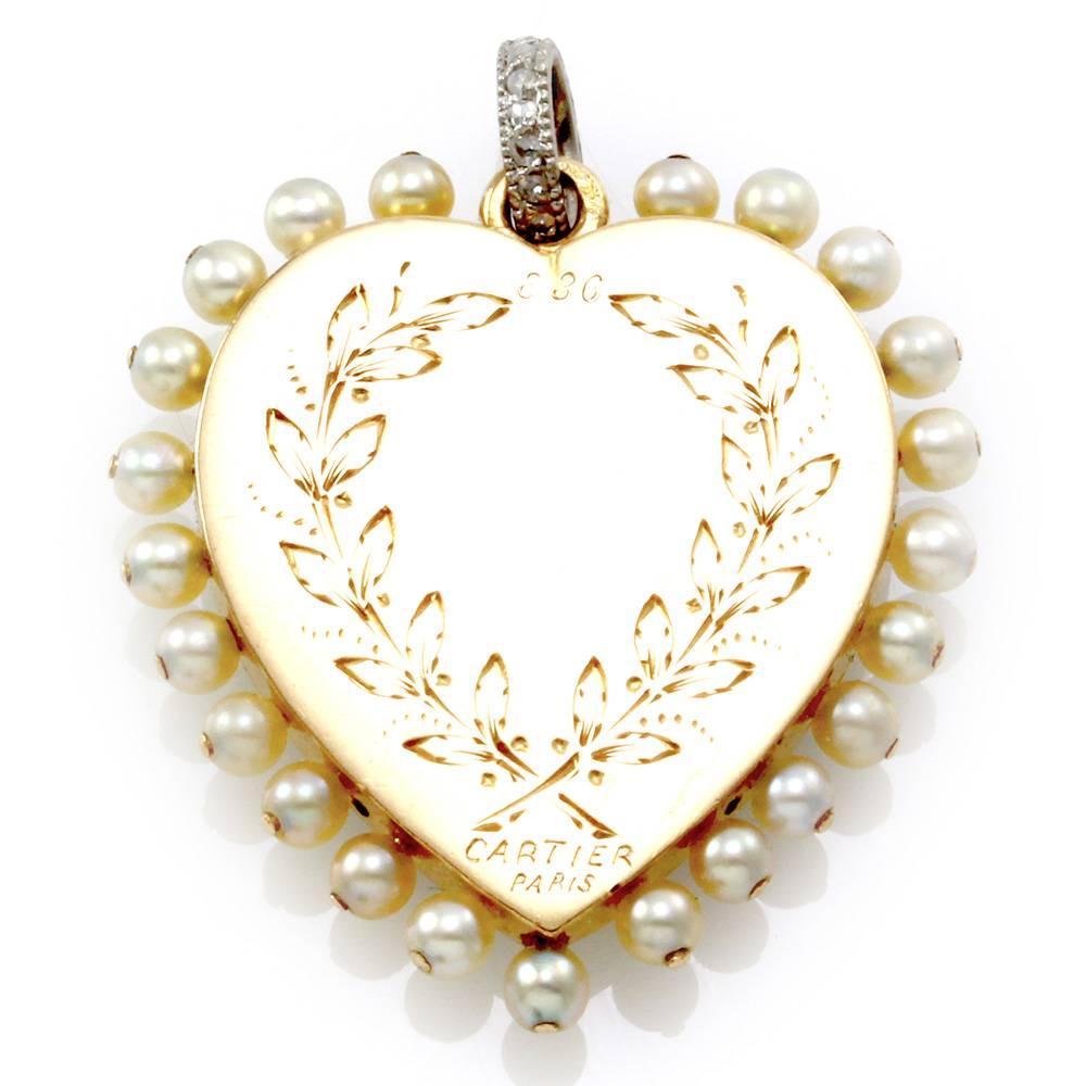 Women's Cartier Victorian Pearl, Enamel & Pavé Diamond Heart Pendant 18K Gold/Platinum