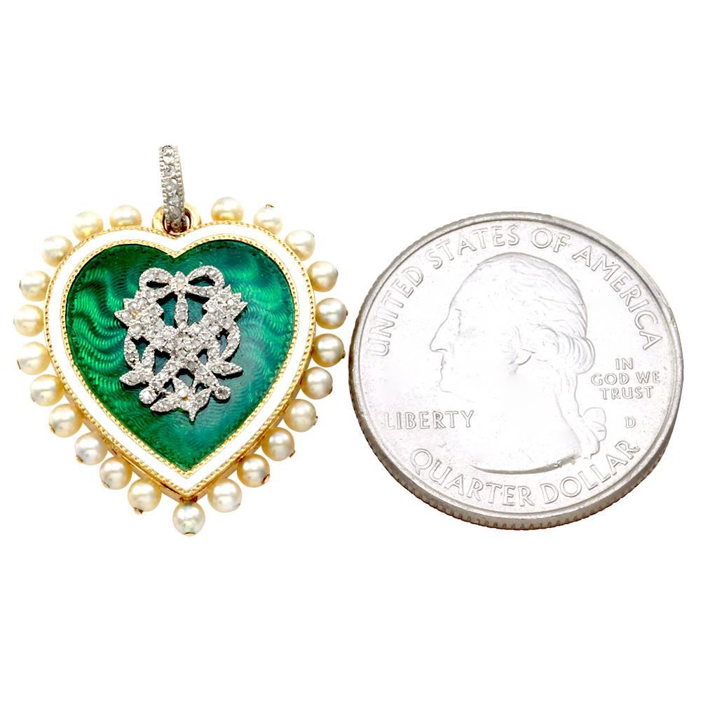Cartier Victorian Pearl, Enamel & Pavé Diamond Heart Pendant 18K Gold/Platinum In Excellent Condition In Scottsdale, AZ