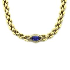 Marquise Cut Blue Tanzanite with Diamond Halo Necklace in 18K Yellow Gold