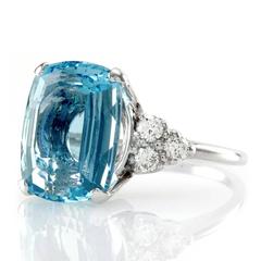 Fancy Elongated Cusion Cut Aquamarine Ring with Diamonds in 14K White Gold