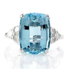 Fancy Elongated Cusion Cut Aquamarine Ring with Diamonds in 14K White Gold