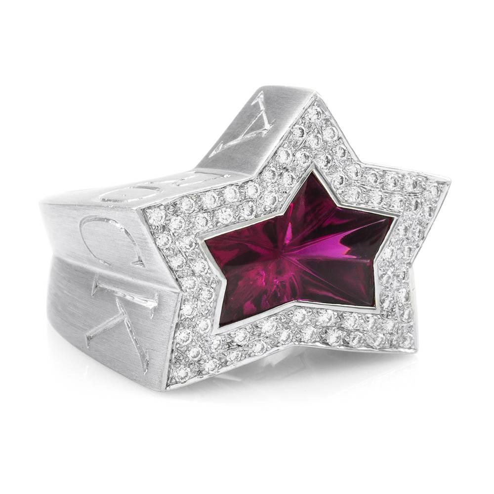 Stephen Webster Boyfriend Rubellite Star  Pave Diamond Gold Ring In Excellent Condition For Sale In Scottsdale, AZ